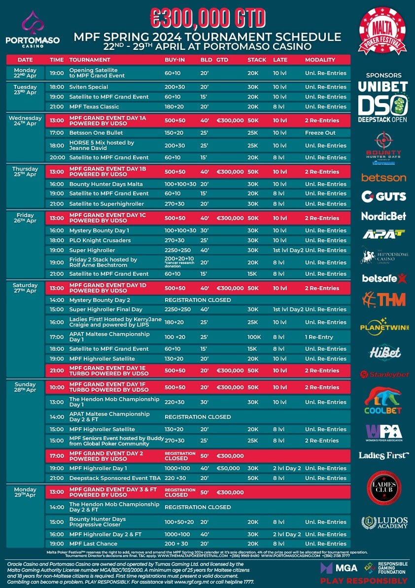 Malta Poker Festival Spring Edition Schedule 2024